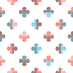 Modern abstract seamless vector pattern with colourful clovers in retro style. Decorative geometric floral grid texture in vintage colour scheme for wallpaper, fashion and home decor.