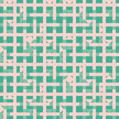 Modern playful checked pattern with tiled circular shapes on green. Truchet geometric seamless background for interiors, fashion and giftware. Bauhaus style.