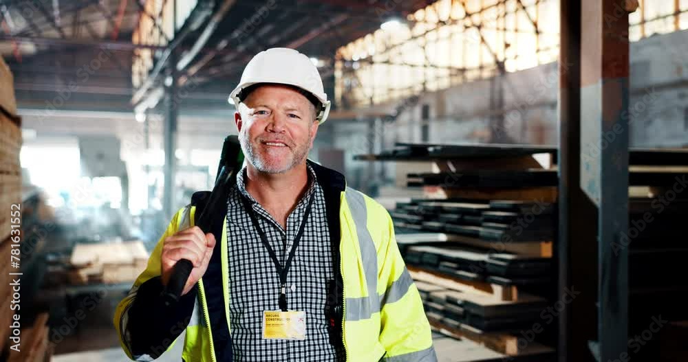 Canvas Prints Mature man, manager and happy at factory or warehouse with building material for construction. Supplier, supervisor and portrait with hammer in manufacturing and distribution business with smile