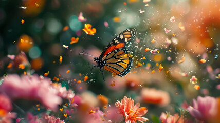 High-speed capture of a butterfly in mid-flight, surrounded by a cluster of colorful flowers,...