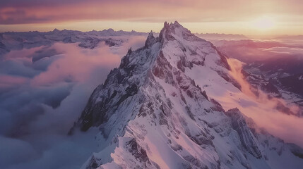 Aerial View of Majestic Snowy Mountains in Winter Sunset Glow