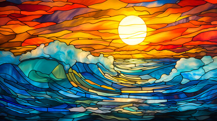 Stained transparent glass picture of sunset over the storming ocean