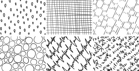 Set of 6 monochrome freehand crosshatch patterns. Doodle hatch ink hand drawn textures. Vector illustration