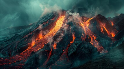 Volcano eruption spewing molten lava on mountainside - obrazy, fototapety, plakaty