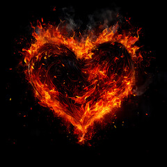 Fototapeta na wymiar Fire heart isolated on black background. Flame symbol of love, intense emotions, passion. Gift for Valentine's Day