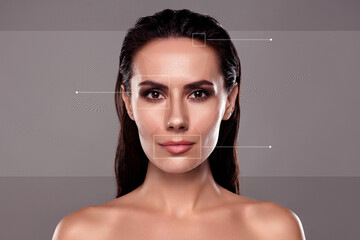 Creative digital collage of lady using artificial intelligence online app for testing detail...