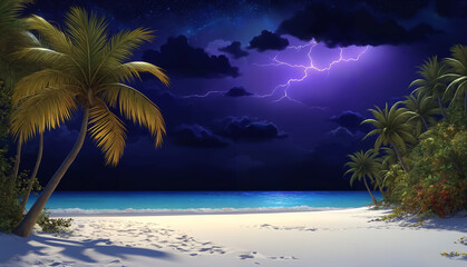 A beautiful beach at night, with a striking contrast between the dark sky and the white sandy shore. A bolt of lightning illuminates the sky, adding an element of dramatic effect. - Powered by Adobe