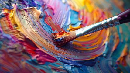A paintbrush swirling in a palette of mixed colors, blending hues together before transferring them onto a waiting canvas. - obrazy, fototapety, plakaty