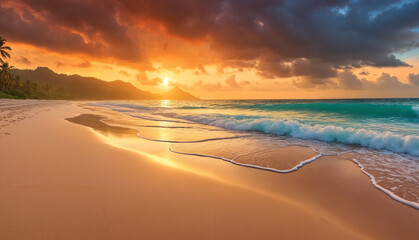 A beautiful beach scene with a sunset, ocean waves, and a sky with clouds. The beach appears to be empty, with no people.