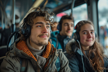 Fototapeta premium Group of People Sitting on Bus With Headphones