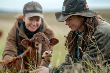 Two Women Petting a Cow on a Mountain