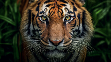 Fototapeta premium A tiger is standing in front of a wall. The tiger has a very intense look on its face