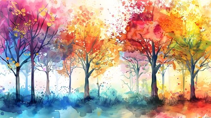 Colorful illustration of trees. Watercolor art. Horizontal panorama