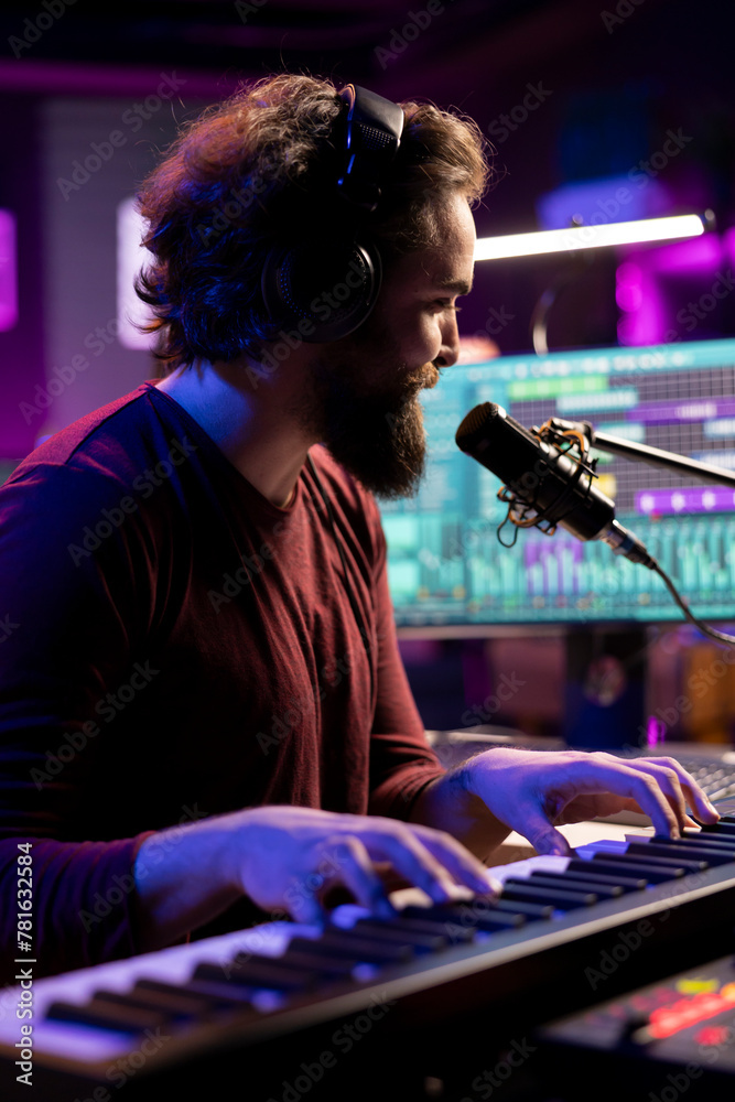 Aufkleber Sound engineer playing piano keyboard to compose new music, singing on microphone and adding audio effects in post production. Artist composer creating songs for music industry.