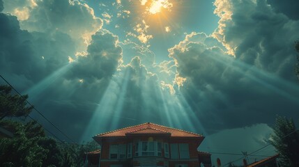 There is a sharp change in weather when the sun shows through the clouds in an urban area. Clouds are hanging over the house. - obrazy, fototapety, plakaty