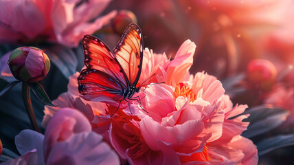 A vibrant butterfly delicately perched on the petals of a blooming pink peony, its wings spread wide to soak in the warm sunlight.