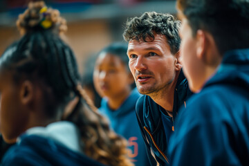 Intense Team Huddle at Dusk on Basketball Court