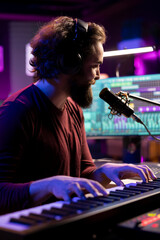 Sound engineer playing piano keyboard to compose new music, singing on microphone and adding audio effects in post production. Artist composer creating songs for music industry.