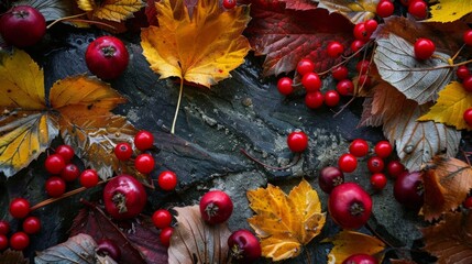 Close-up of red berries and yellow leaves - Powered by Adobe
