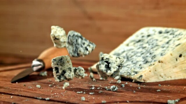 Super slow motion blue cheese. High quality FullHD footage