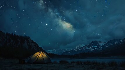 Starry night camping under an illuminated sky, dotted with countless twinkling stars and ethereal clouds. A peaceful escape into nature's embrace.