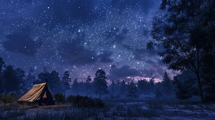 Starry night camping under an illuminated sky, dotted with countless twinkling stars and ethereal clouds. A peaceful escape into nature's embrace. - obrazy, fototapety, plakaty