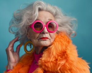 Portrait of an elderly grey-haired woman in vibrant, orange attire and bold accessories