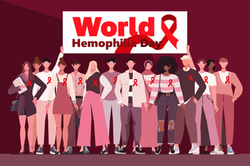 World Hemophilia Day. Young modern men and women with red ribbons holds a banner in her hands with the inscription World Hemophilia Day. Healthcare and medicine concept.