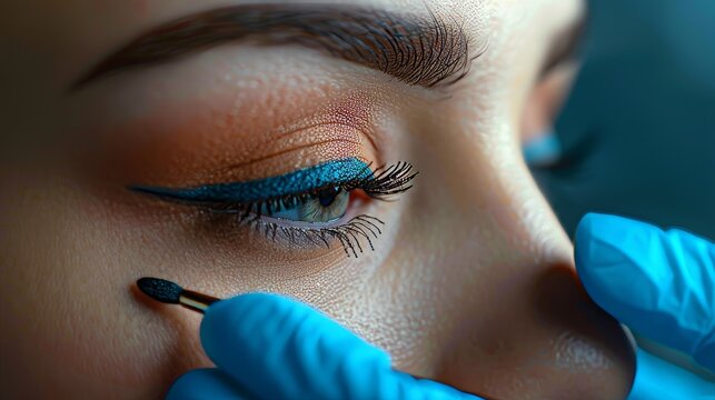Photo of a cosmetologist tattooing eyes with makeup. Procedure for applying eyeliner with makeup.