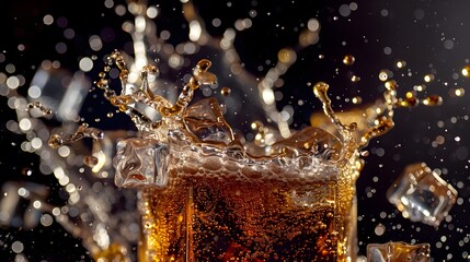 A refreshing soda drink or cola, served with ice cubes, creating a splash and bubbles, 