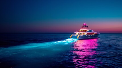 Picture of a big white boat at night on the ocean. Lights from the boat shine on the water, making it look colorful. The sky is dark blue, and the horizon is in the distance.