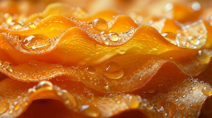 A closeup of orange peel textures illuminated uniformly. There are ripples on the background of orange and small splashes of color on it