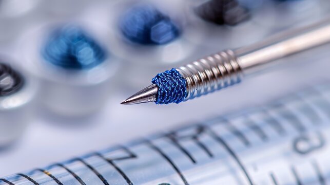 On a white background, a steel sewing needle with blue thread is close-up isolated on steel
