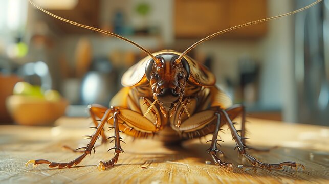 On the refrigerator wall, an image of a brown cockroach crawling up against a light background