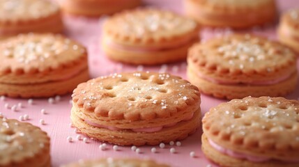 Obraz na płótnie Canvas Pink-colored golden biscuits with filling