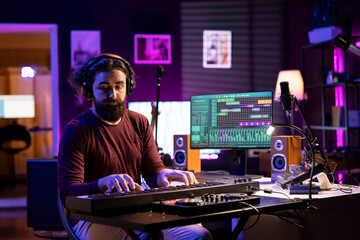 Artist playing piano midi controller and recording new tunes, producing new electronic notes in his home studio. Sound engineer working on digital audio workstation interface, synthesizer keys.