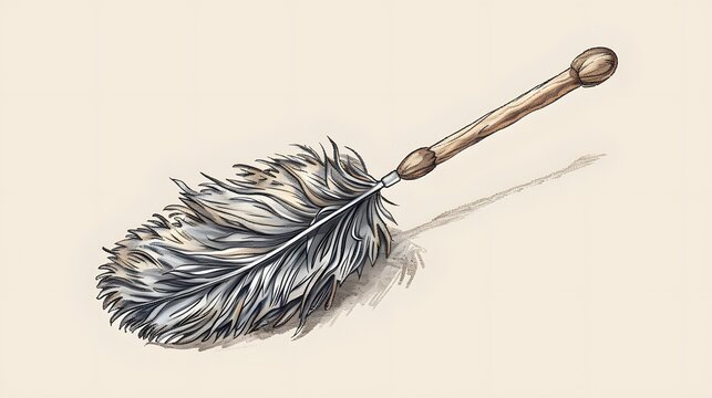 feather duster with wooden handle, detailed clip art preview