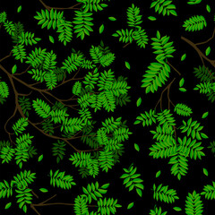 Seamless black background of twigs with green leaves. Hand drawing. Not AI. Vector illustration.