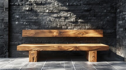 wooden bench on concrete piles against a dark brick wall. Wood shelf top and background wall for product display.