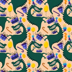 Cartoon monsters dragon seamless birthday crocodile pattern for wrapping paper and fabrics and linens and kids