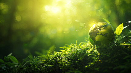 A green globe sitting on top of a lush grassy field, AI