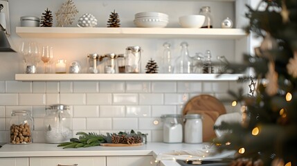 Beautiful design of the white wall in the kitchen. Shelves on the wall with a beautiful decor. Warm...