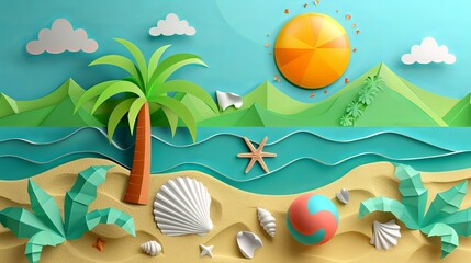 Fototapeta na wymiar Tropical island in 3D style with palm, seashell, starfish, and beach ball on sand. Sun and mountains in the background in papercut style.