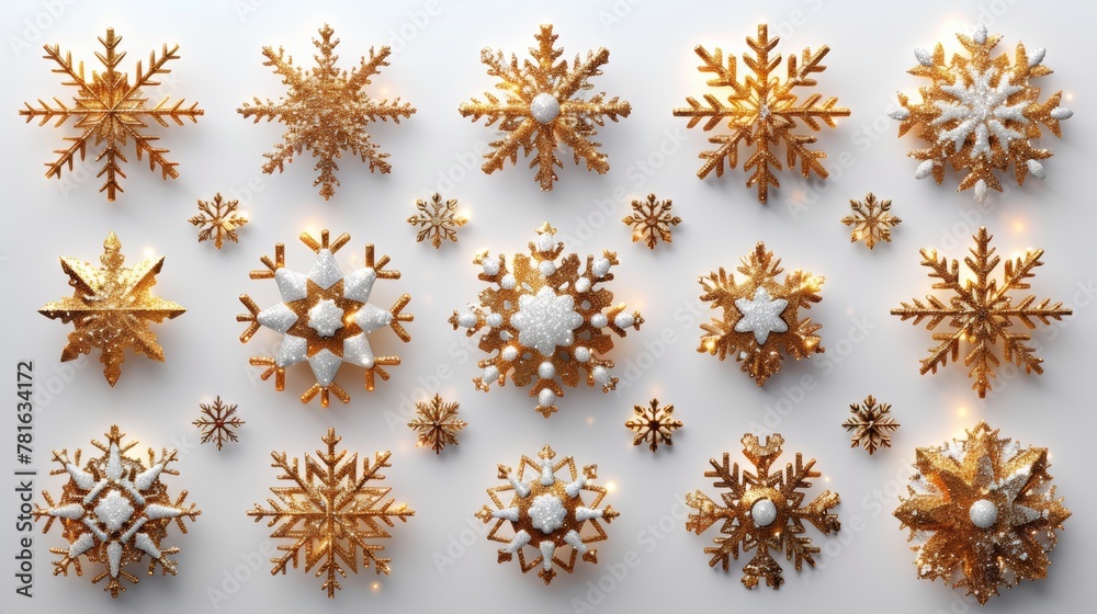 Wall mural snowflakes set with glitter gold. abstract pattern with shining snowflakes.