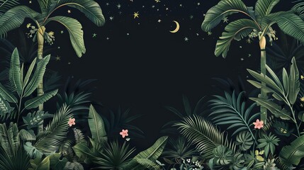 Tropical night-themed border with vintage palm and banana trees, plants, moon, and stars on a black background. Ideal for a jungle wallpaper with an exotic feel.