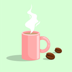 A warm cup of coffee served with coffee beans, a clean pink cup of coffee. Cappuccino, tea, coffee, herbal drink, poured into a clean pink cup and isolated on a blank background. vector illustration.