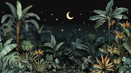 Tropical night-themed border with vintage palm and banana trees, plants, moon, and stars on a black background. Ideal for a jungle wallpaper with an exotic feel. - obrazy, fototapety, plakaty