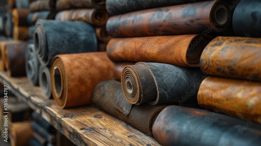 Wall mural Various rolls of brown and black leather. Ideal for making leather crafts.