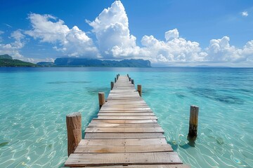 A wooden pier leading into a clear blue ocean with white clouds, AI