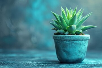 A small green plant sitting in a blue pot on top of a table, AI